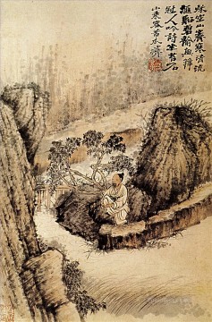  agua - Shitao en cuclillas al borde del agua 1690 tinta china antigua